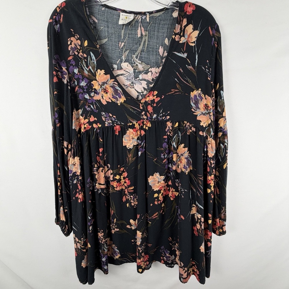 By Together Black Floral Tunic Dress Sz S Long‎ Sleeve Dark Cottage Boho Peasant